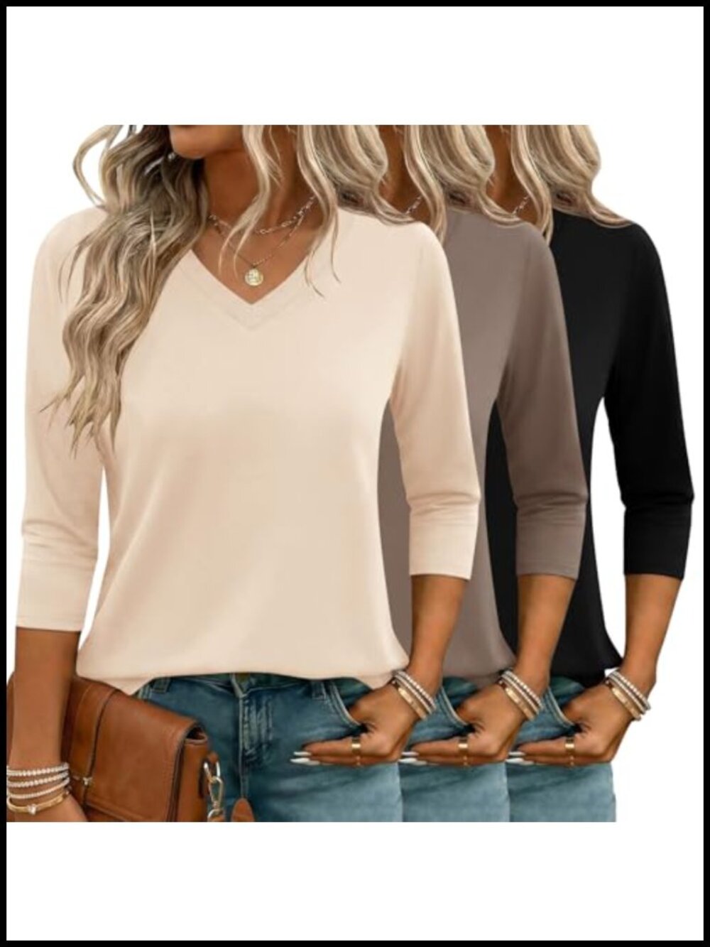 Women's 3 Pack 3/4 Sleeve V Neck Tops Casual Summer T-Shirts